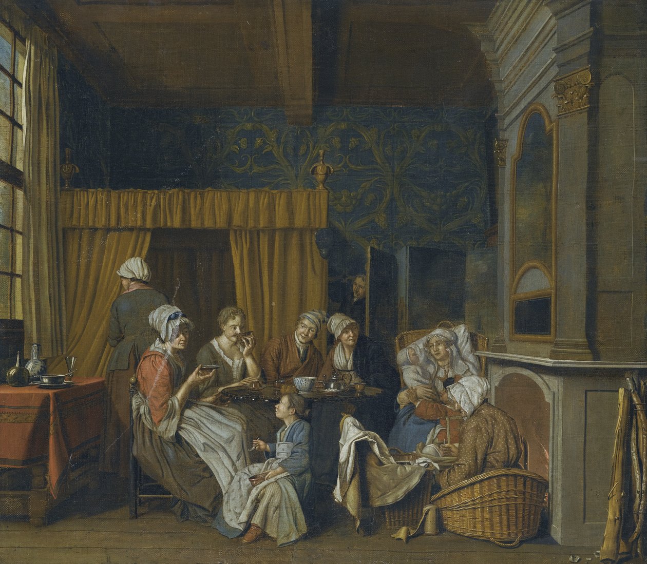 Egy család teázik, miközben ikrek születését ünnepli alkotó: Jan Josef Horemans the Younger