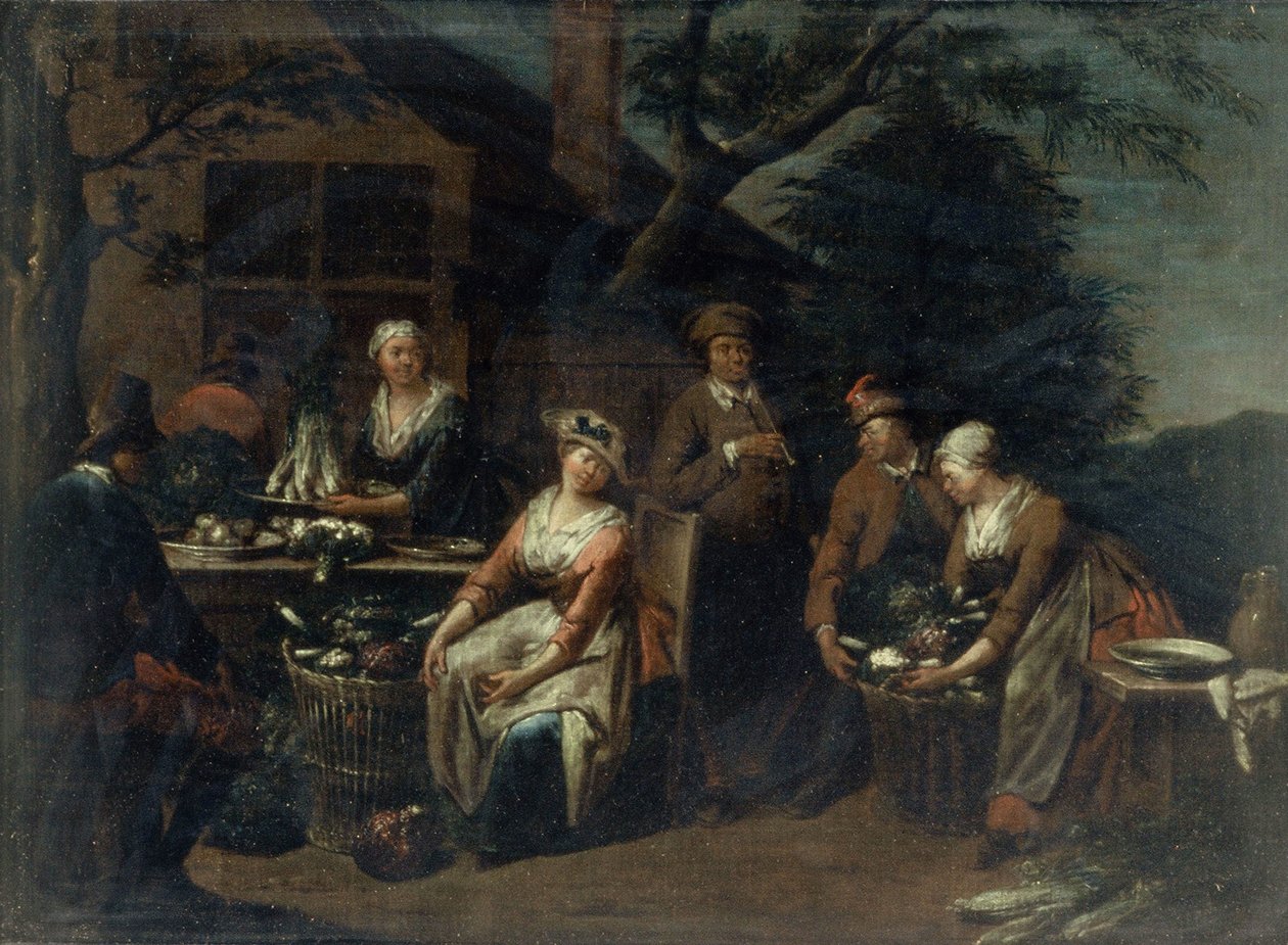 Parasztok, zöldségek és gyümölcsök csoportja alkotó: Jan Josef the Elder Horemans