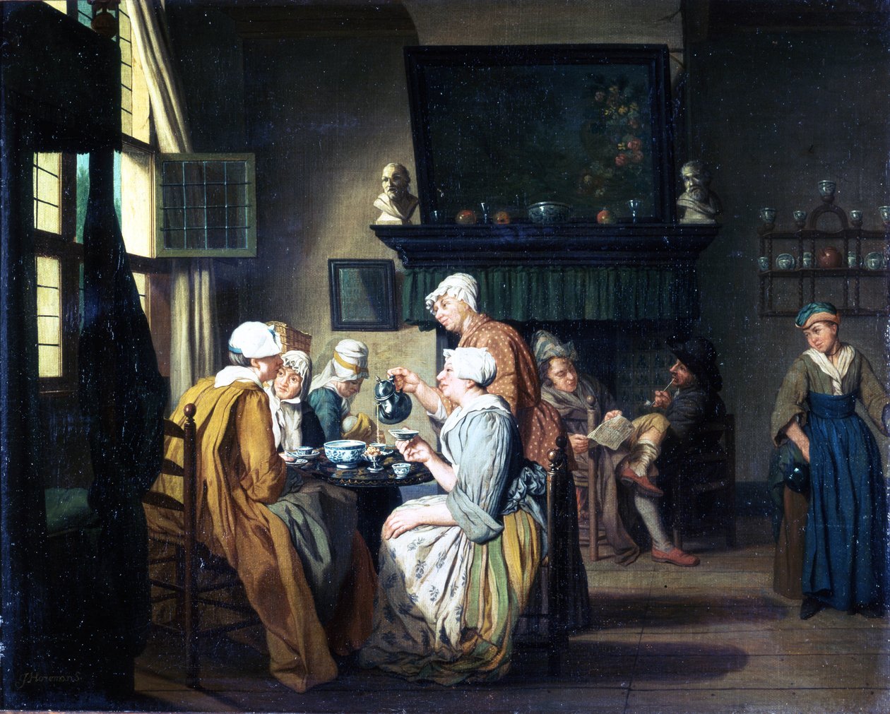 Burzsoá belső teázó hölgyekkel, egy férfival, aki a kandalló mellett olvas alkotó: Jan Josef the Elder Horemans