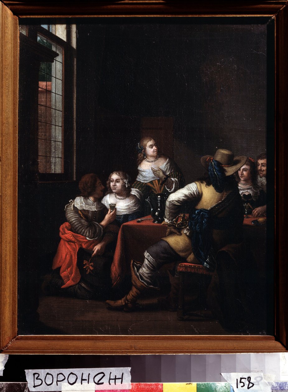""Les festivites"" (A vidám találkozás) lovasok és hölgyek csoportja boldogan gyűlt össze egy asztal körül. Idősebb Jan Joseph Horemans festménye (1682-1759) 18. századi Ivan Kramskoy (vagy Kramskoj) Szépművészeti Múzeum Voronyezsben (Voronyezs), Oroszorsz alkotó: Jan Josef the Elder Horemans
