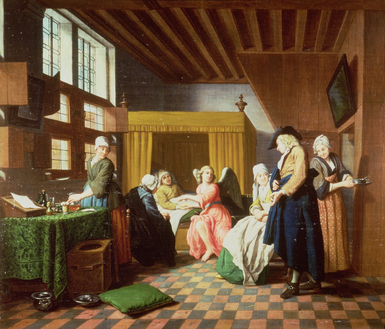 Az orvos látogatásai - Egy holland közmondás: Az orvost angyalként ábrázolják, aki segítséget nyújt a beteg embernek (egy a négyes sorozatból) alkotó: Jan Josef the Elder Horemans