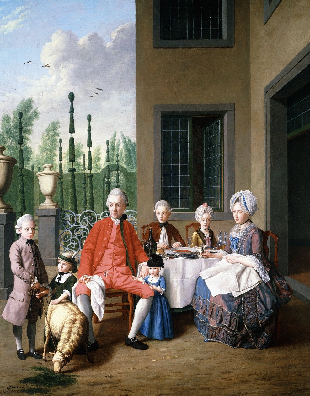 Csoportportré a van den Bosch családról, étkezés egy ház mellett, a topiárkert túloldalán, 1777 alkotó: Jan Josef the Younger Horemans