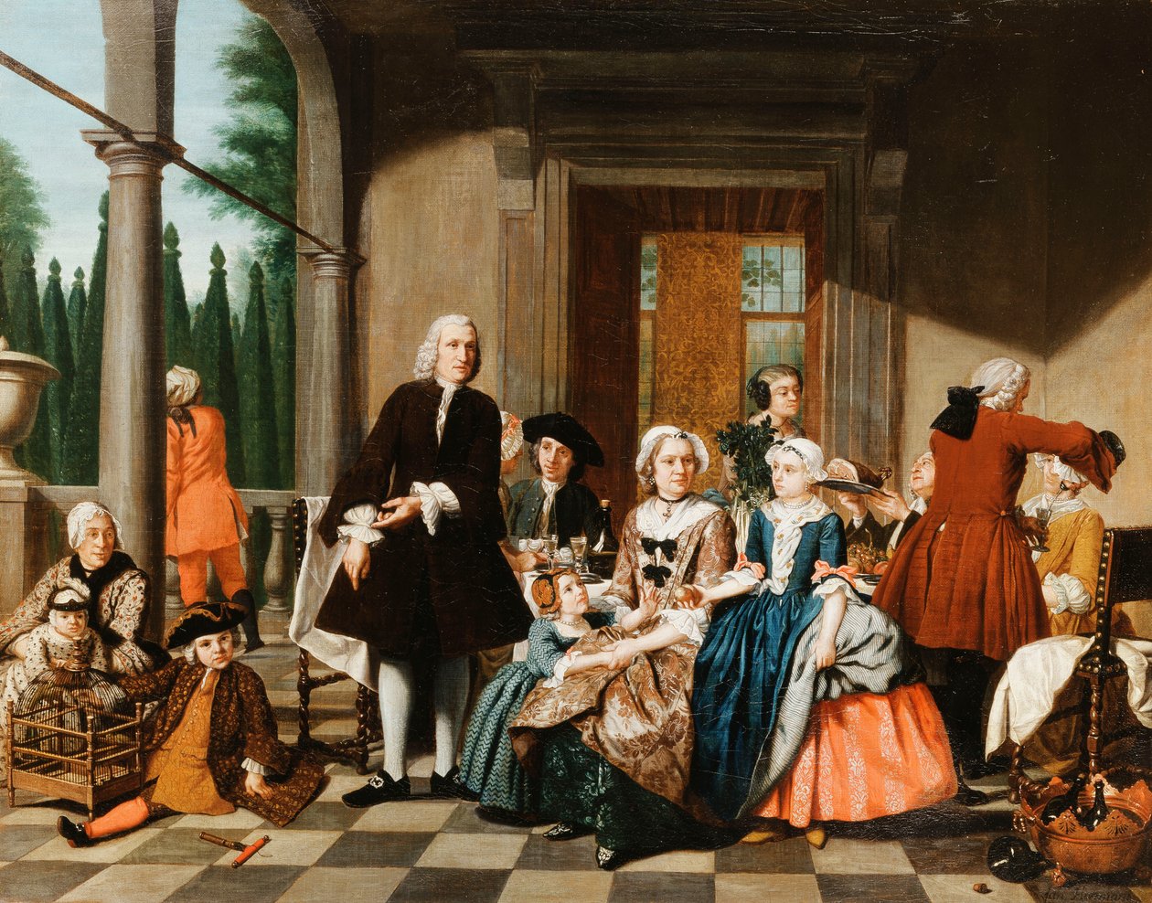 Egy portréban vacsorázó család portréja, egy formális kert mögött, 1747 alkotó: Jan Josef the Younger Horemans