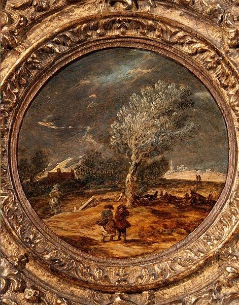Figurák, akik egy pusztán haladnak át, ahol élénk szél fúj. alkotó: Jan Josefsz. van (circle of) Goyen