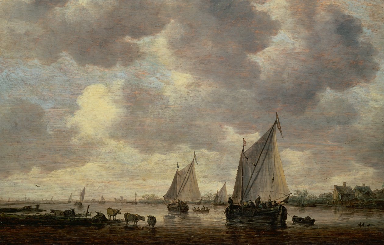 Egy csatorna Hollandiában, vagy két nagy vitorlás hajó és szarvasmarha egy folyó közelében alkotó: Jan Josephsz van Goyen