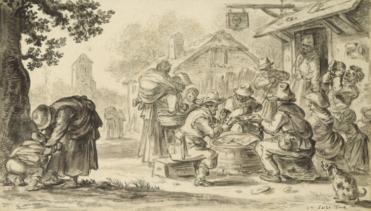 Farmers kártyajáték a fogadó előtt, 1624 (ceruza, toll, tinta és ecset papíron) alkotó: Jan Josephsz van Goyen