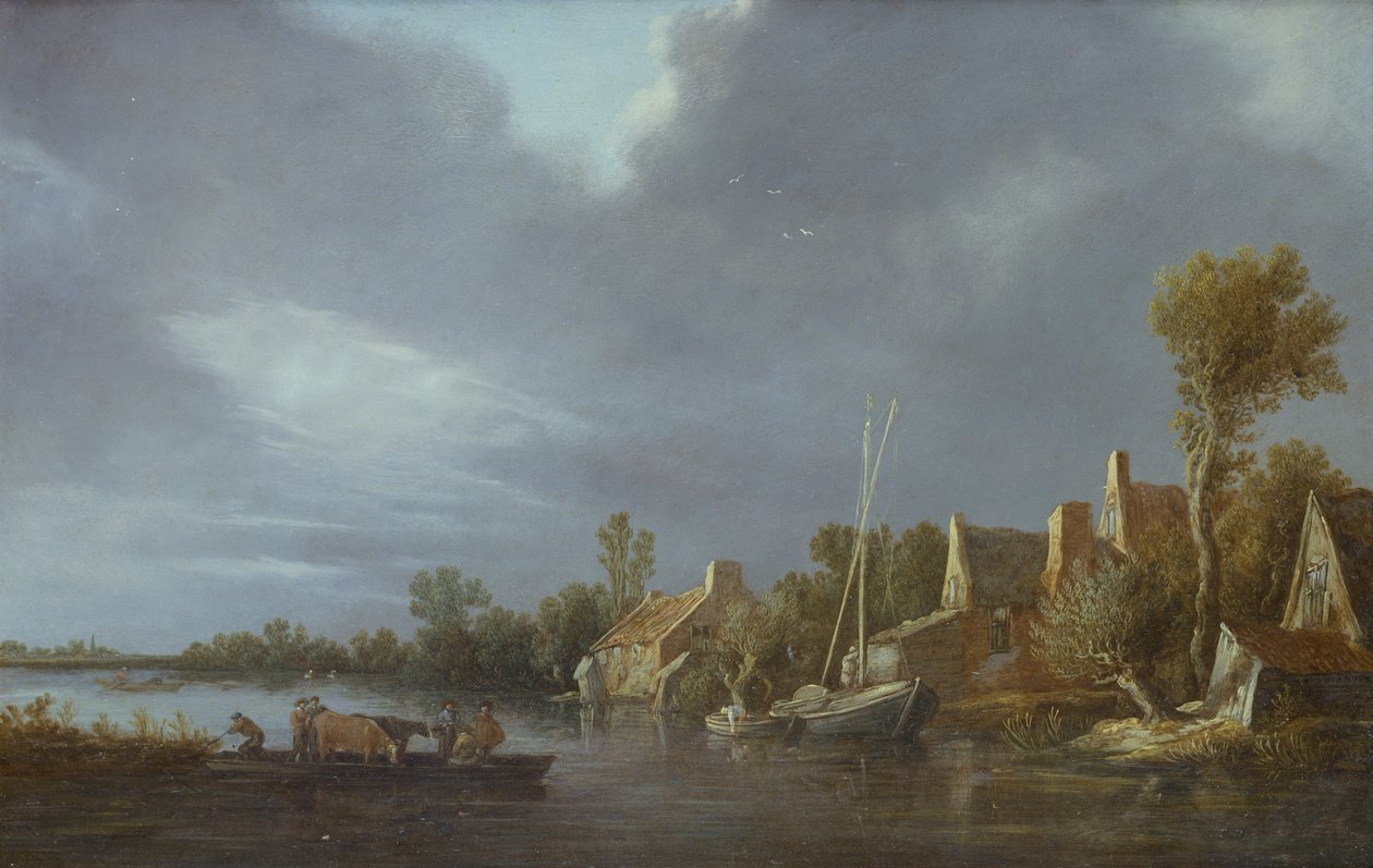 Falu a folyó mellett parasztokkal és marhákkal a kompon alkotó: Jan Josephsz van Goyen