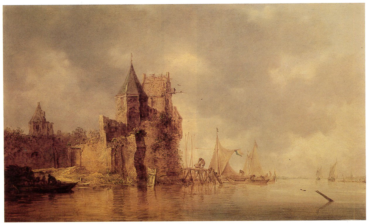 Középkori torony a vár sáncán vitorlás hajókkal a mólónál és evezős csónakkal az előtérben, 1642 körül (olaj, panel) alkotó: Jan Josephsz van Goyen