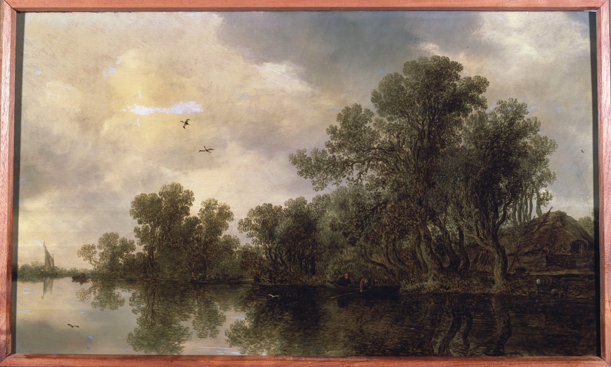 Erdős folyami táj, parasztokkal evezős csónakban egy házikó mellett és egy komp, a távolban vitorlás, 1633 alkotó: Jan Josephsz van Goyen