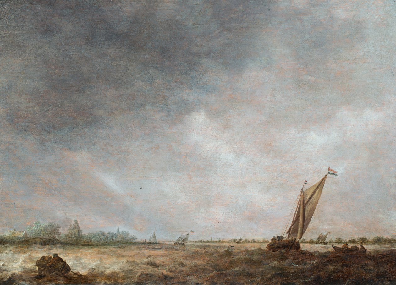 Torkolatjelenet hajózással a háborgó vízben (olaj, tábla) alkotó: Jan Josephsz van Goyen