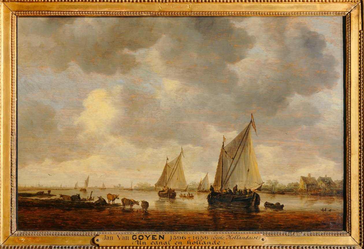 Deux grandes barques à voiles sur un fleuve et bestiaux près de la rive - Két nagy vitorlás egy folyón és állatok a parton ... alkotó: Jan Josephsz van Goyen
