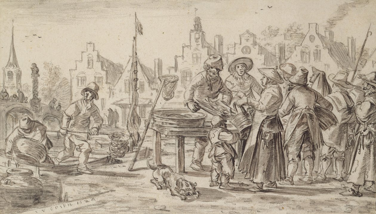 Fishmarket, 1624 (toll és ecset és barna tinta papíron) alkotó: Jan Josephsz van Goyen