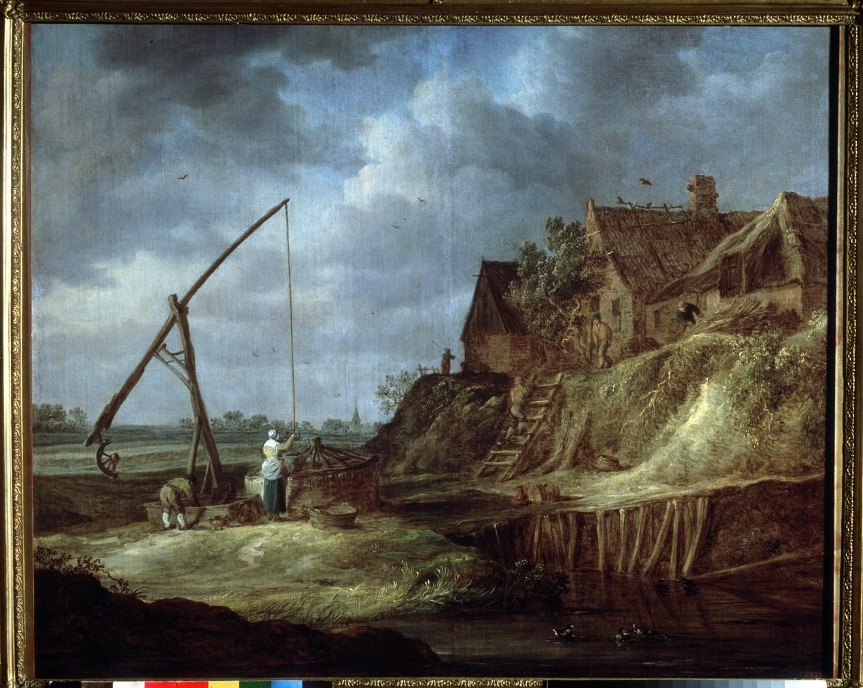 ""Táj a kútnál"" Házak vagy holland parasztház nádtetővel. (Táj húzó kúttal) Jan Josefsz van Goyen (1596-1656) festménye 1642 Puskin Múzeum, Moszkva alkotó: Jan Josephsz van Goyen