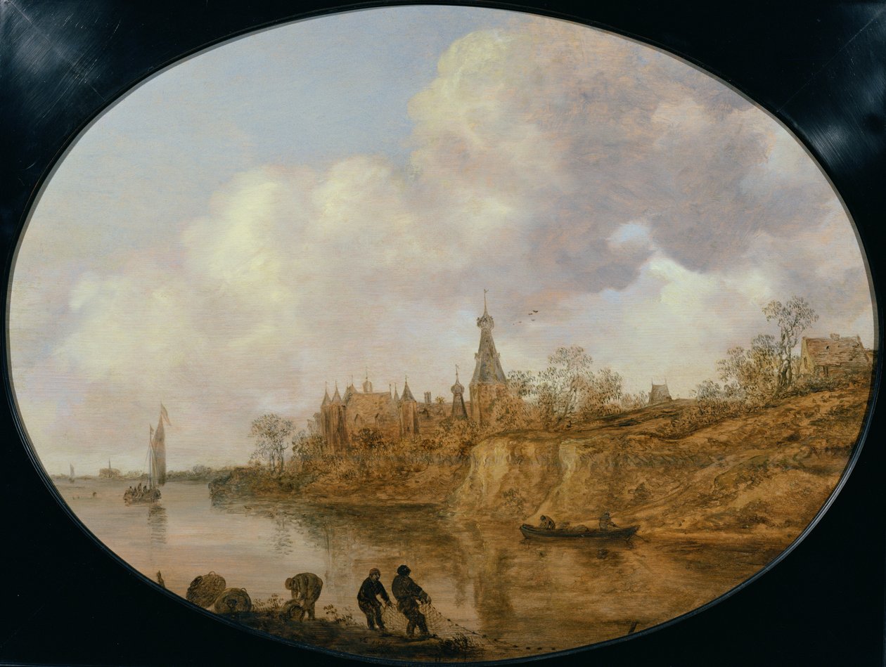 Három halász hálót és kosarat húzva a folyó partján táj, a távolban vár és falu alkotó: Jan Josephsz van Goyen