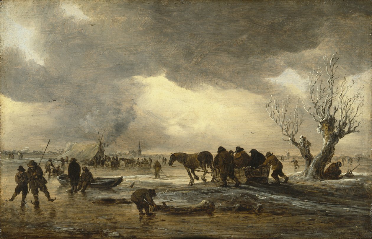Téli jelenet szánkóval az előtérben és alakok gyülekeznek egy sátor körül a jégen alkotó: Jan Josephsz van Goyen