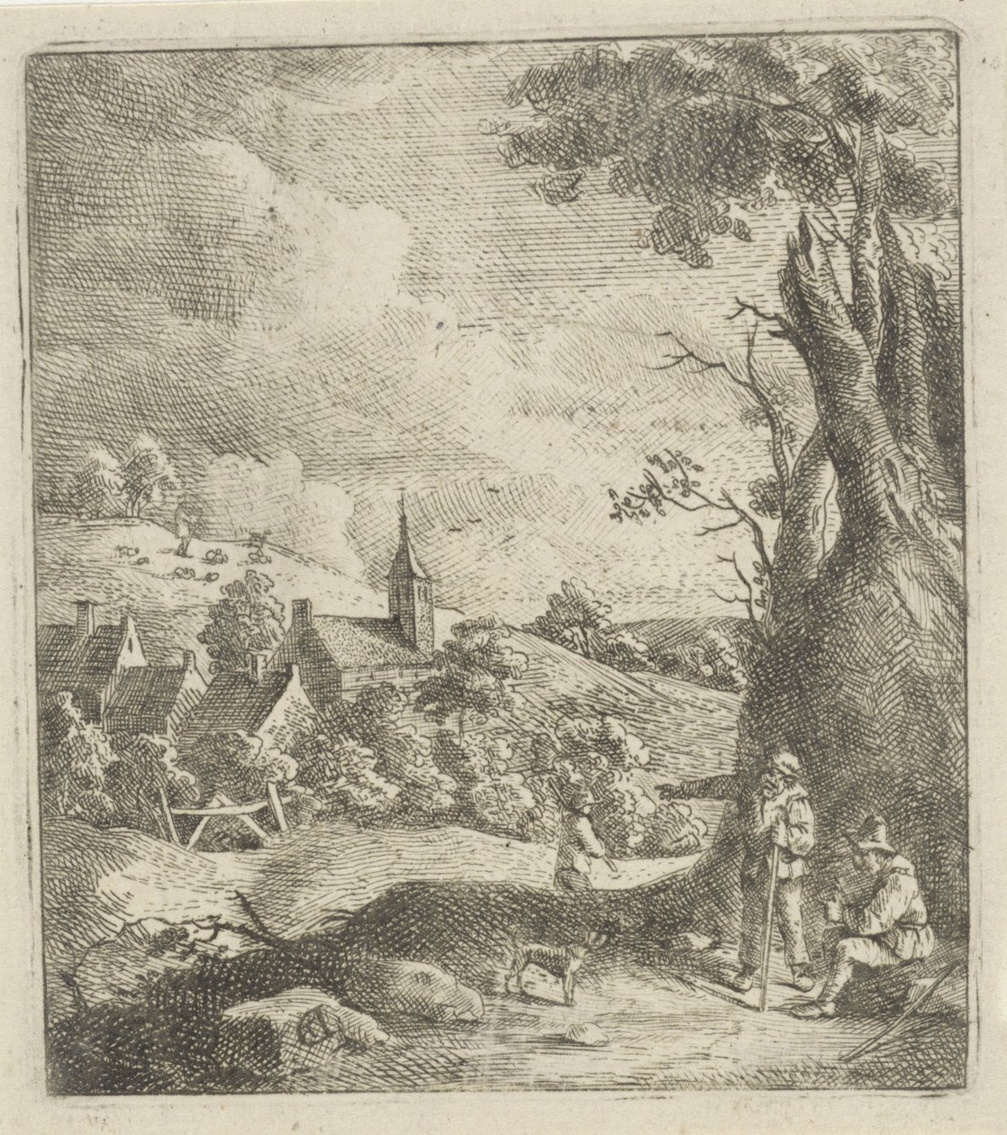 Táj egy faluval és két férfival egy fa mellett alkotó: Jan Lauwryn Krafft (I) (attributed to)