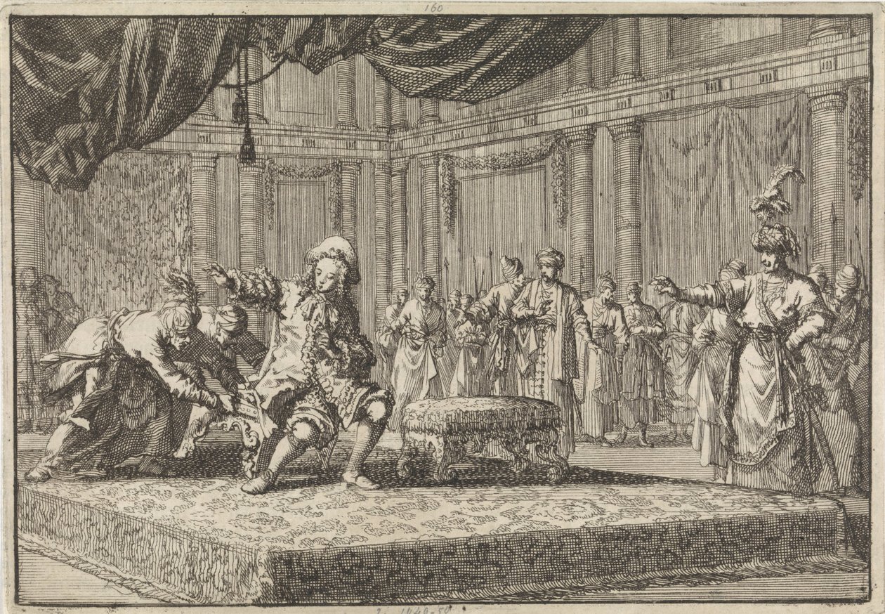 Az ülés, amelyet a nagyvezír széke mellé helyezett, a francia konstantinápolyi küldötttől származik, 1677 alkotó: Jan Luyken