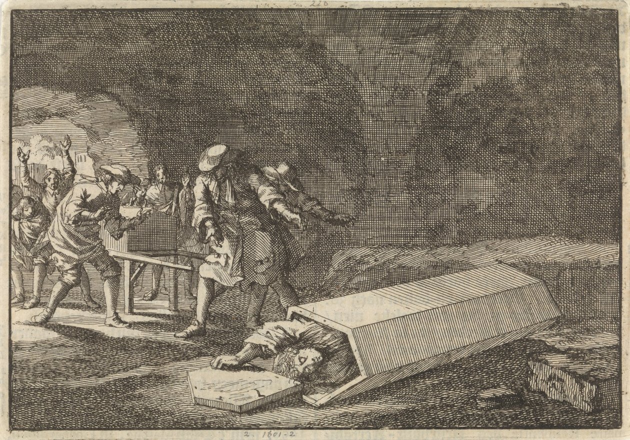 Rómában a temetkezési szolgák látják, hogy Antonio Marlini, akit néhány nappal korábban egy páncélszekrényben temettek el, valószínűleg halott volt, 1696 alkotó: Jan Luyken