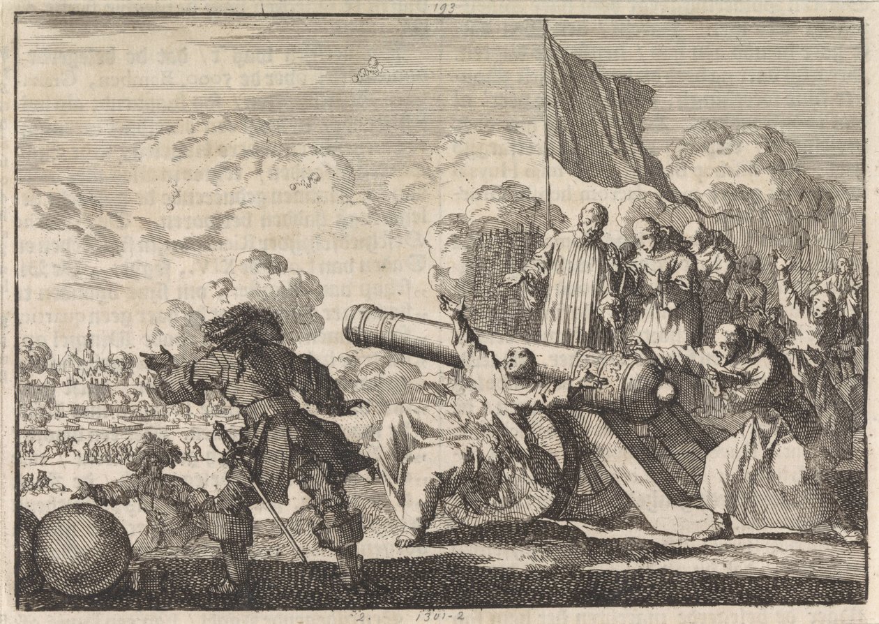 Groningen ostroma, amelyben egy ágyút hat szerzetes áldott meg, 1672 alkotó: Jan Luyken