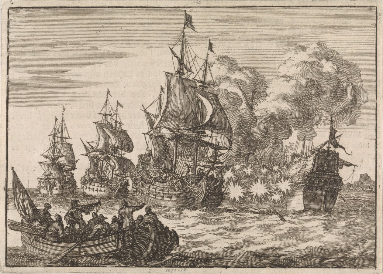 Valenciában a spanyol Papachino admirálist három francia hajó támadja meg Tourville admirális vezetésével, mert nem tiszteleg elég gyorsan, 1688 alkotó: Jan Luyken