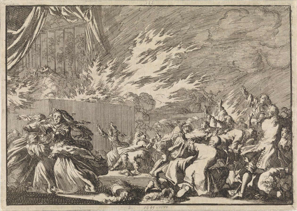Fából készült fészer tüze, amelyben színpadi előadás zajlik a koppenhágai Amelienborg kastély mellett, 1689 alkotó: Jan Luyken