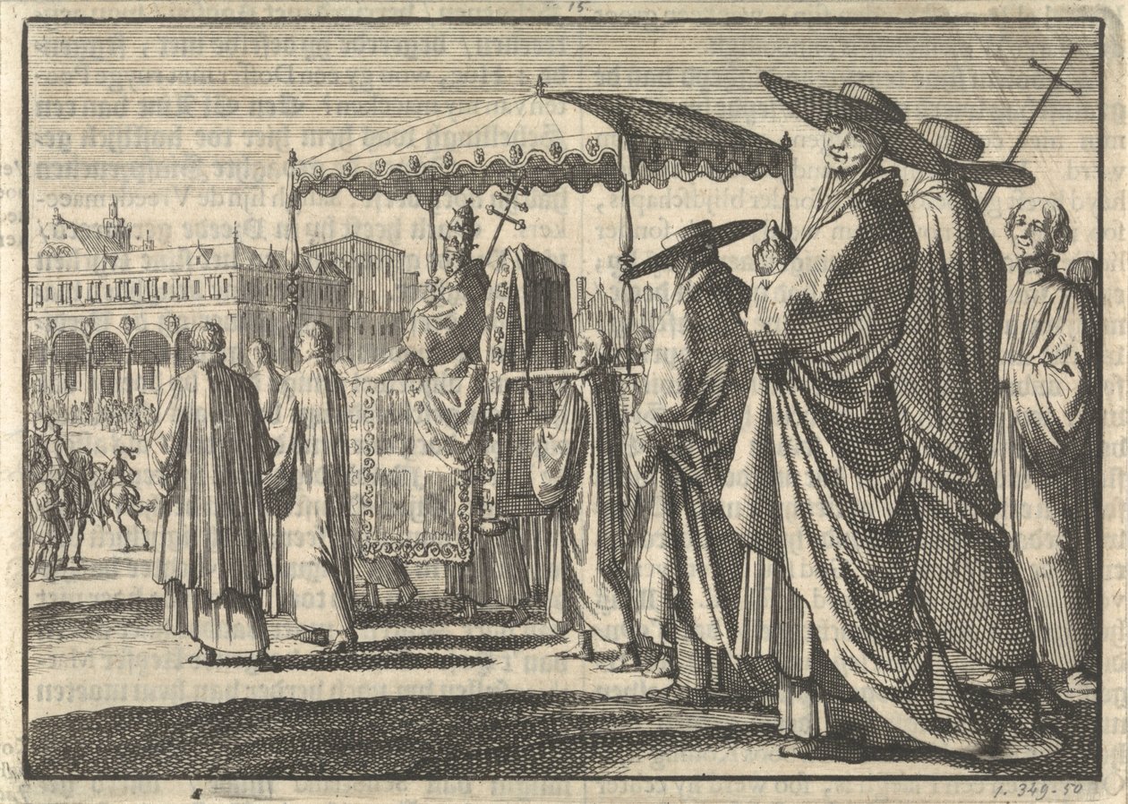 IV. Keresztény, Dánia királya, pápának öltözve, körmenetet imitál udvartartásaival, 1596 alkotó: Jan Luyken