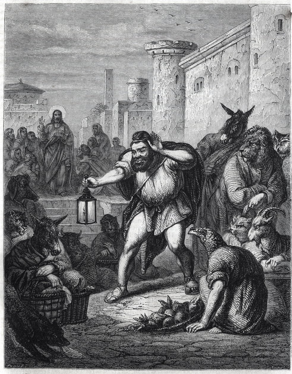 Esop és Krisztus: a görög író Esop (Esop vagy Esopus, Kr. e. 6. század) lámpással a kezében állatfejű szereplők között sétál, „embert” keresve. Mögötte Jézus Krisztust látjuk. Illusztrációt az „Esope a un alkotó: Jan Luyken