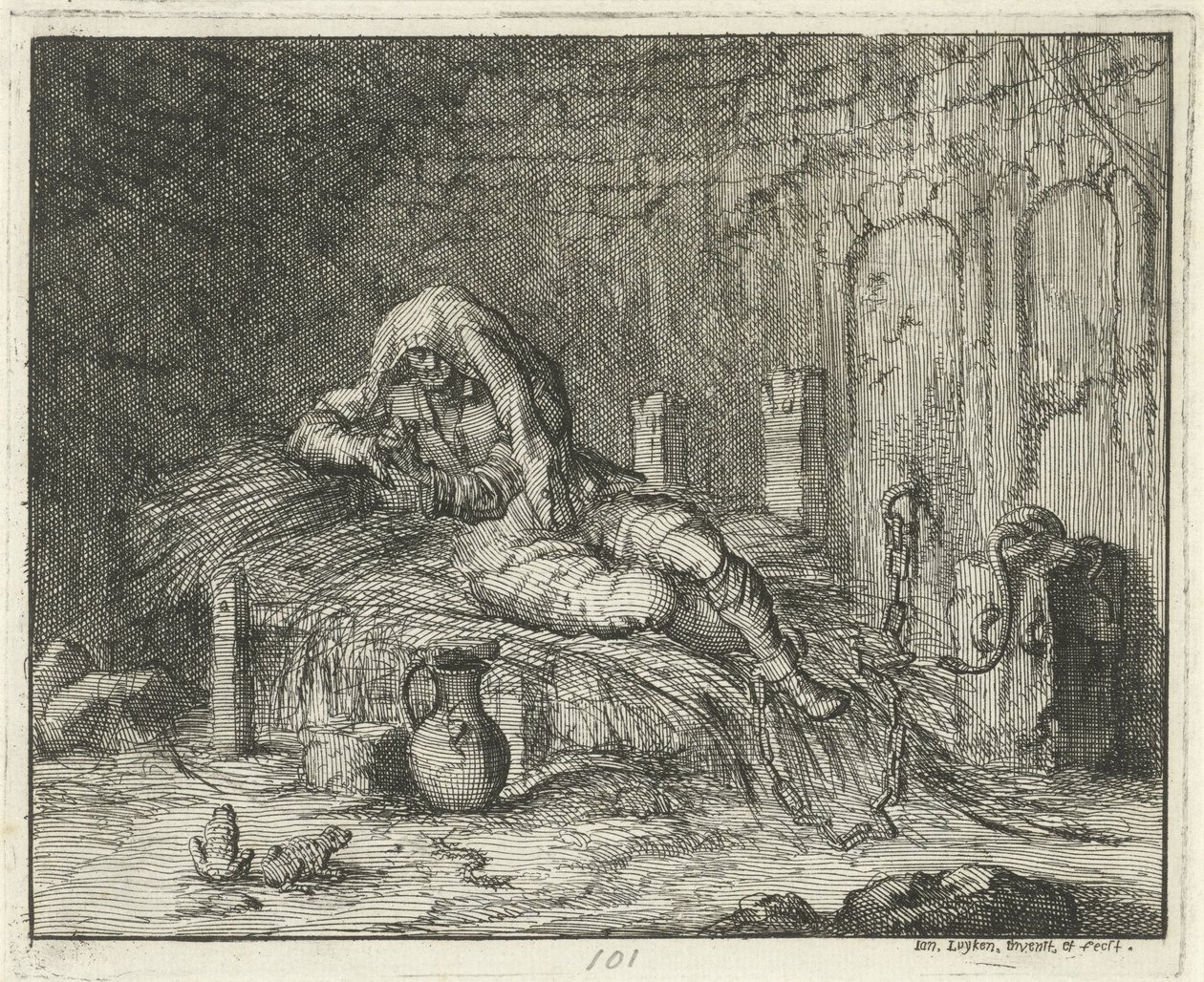 Georg Wanger a Bressanone-i börtönben, 1591 alkotó: Jan Luyken