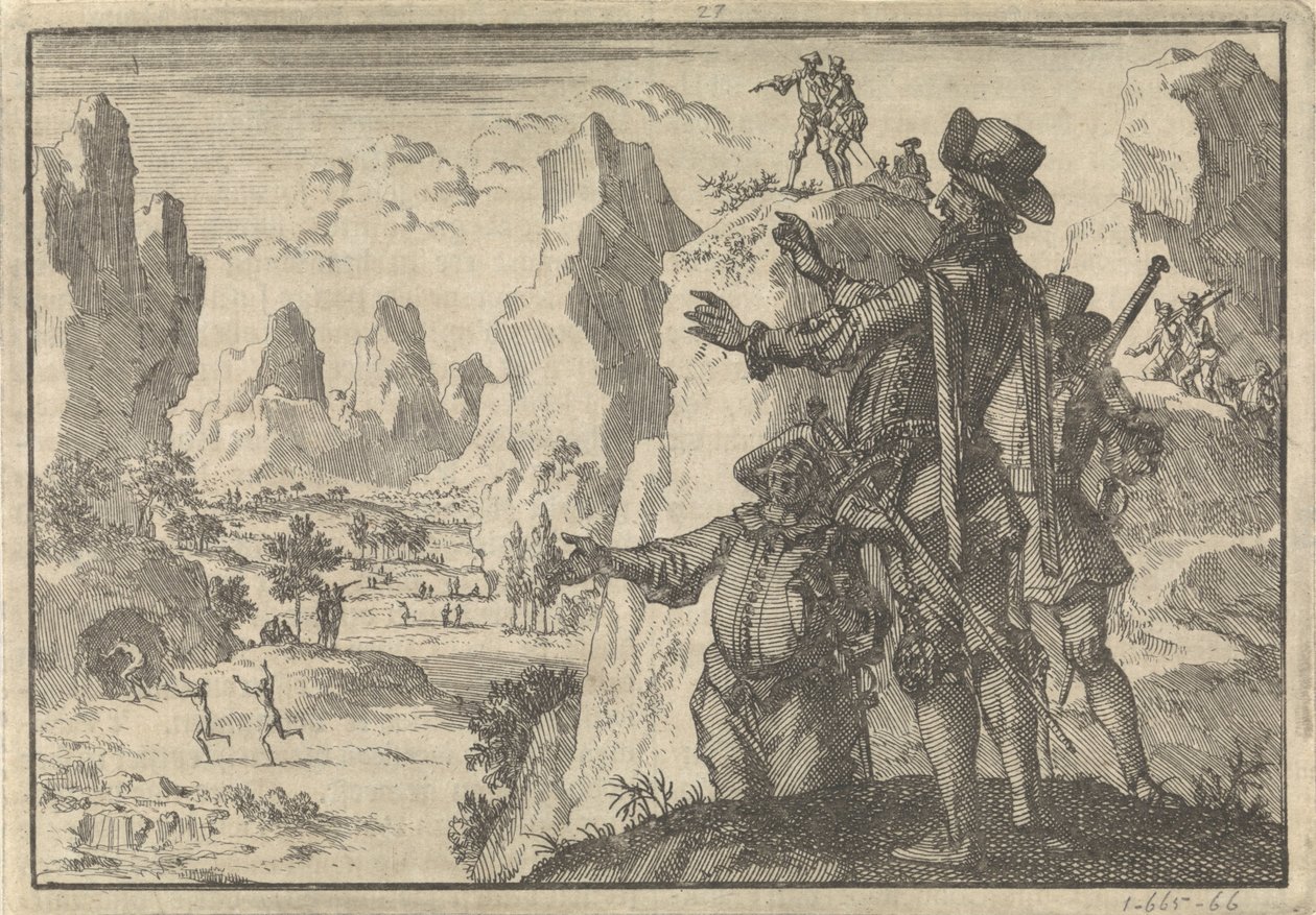 A fegyveres spanyolok sziklákról nézik le a teljesen vad embereket, kb. 1600 alkotó: Jan Luyken