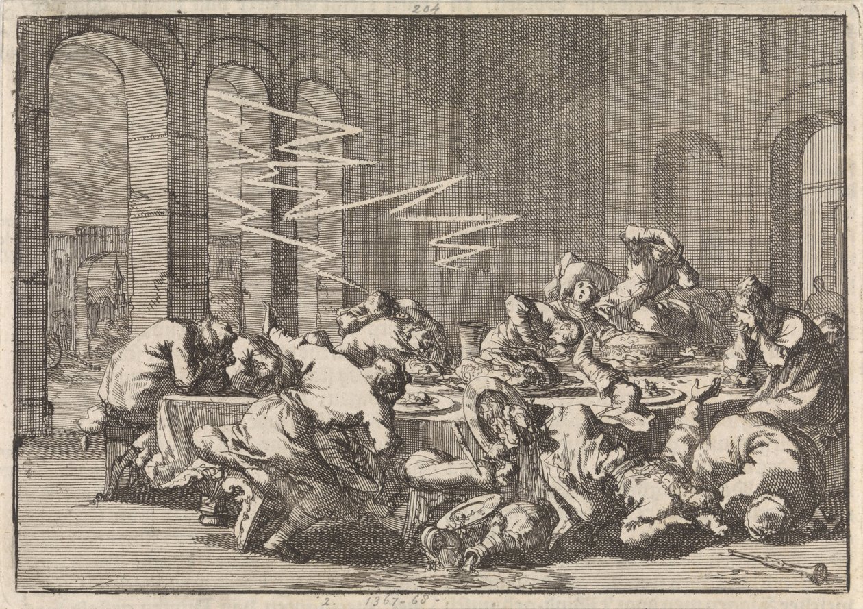 A lengyel Perzyn faluban 23 embert ölt meg villám a keresztelő étkezés közben, 1676 alkotó: Jan Luyken