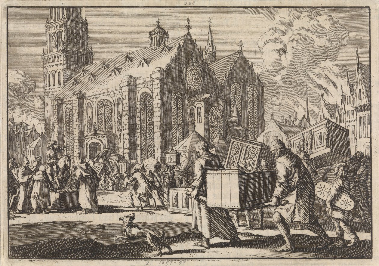 Spiers lakói jóhiszeműen elhozzák bútoraikat a katedrálisba, ahol Monclar francia tábornok elégeti őket, 1689 alkotó: Jan Luyken