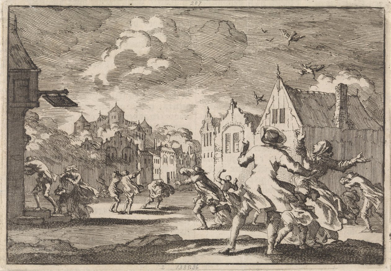 A lüneburgi Luchow-kastély melletti falu lakóit forgószél támadja meg, amelyben a madarak holtan zuhannak le az égből, 1671 alkotó: Jan Luyken