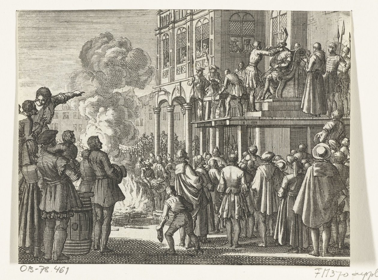 Jacob van Campen püspöksüveggel a fején az amszterdami vesztőhelyen, 1535 alkotó: Jan Luyken
