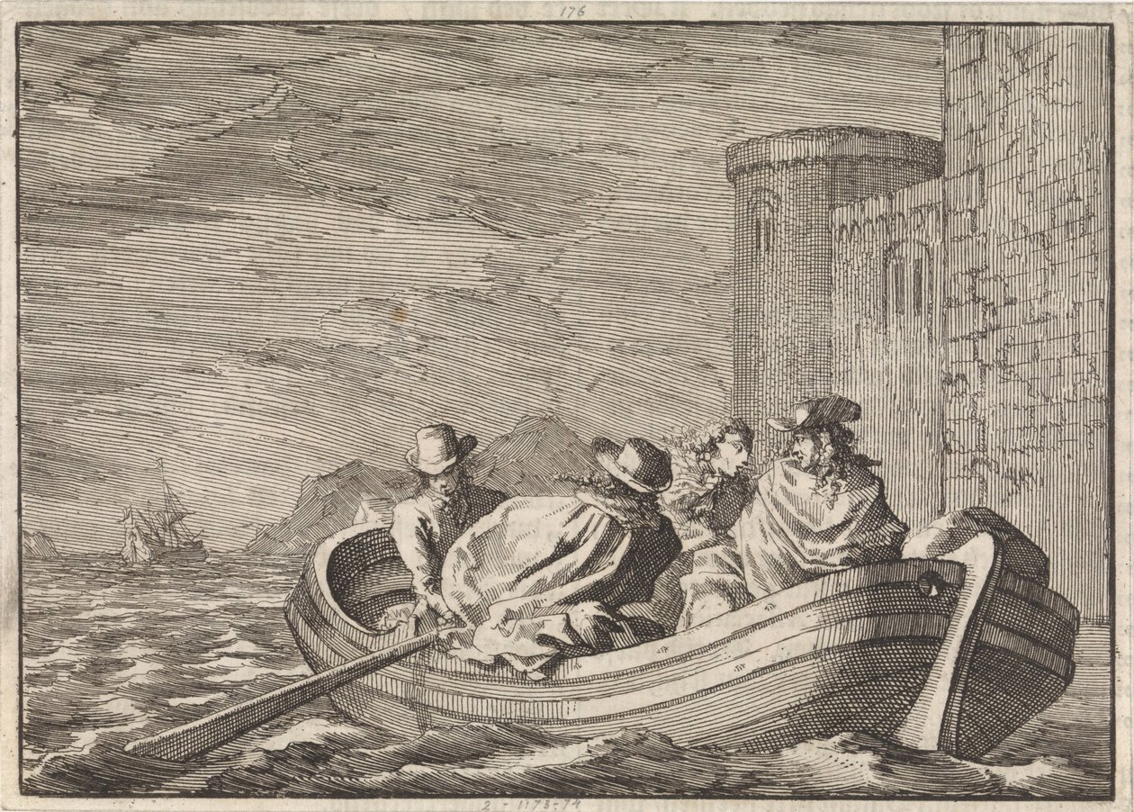 II. Jakab király éjszaka menekül evezős csónakon, 1688 alkotó: Jan Luyken