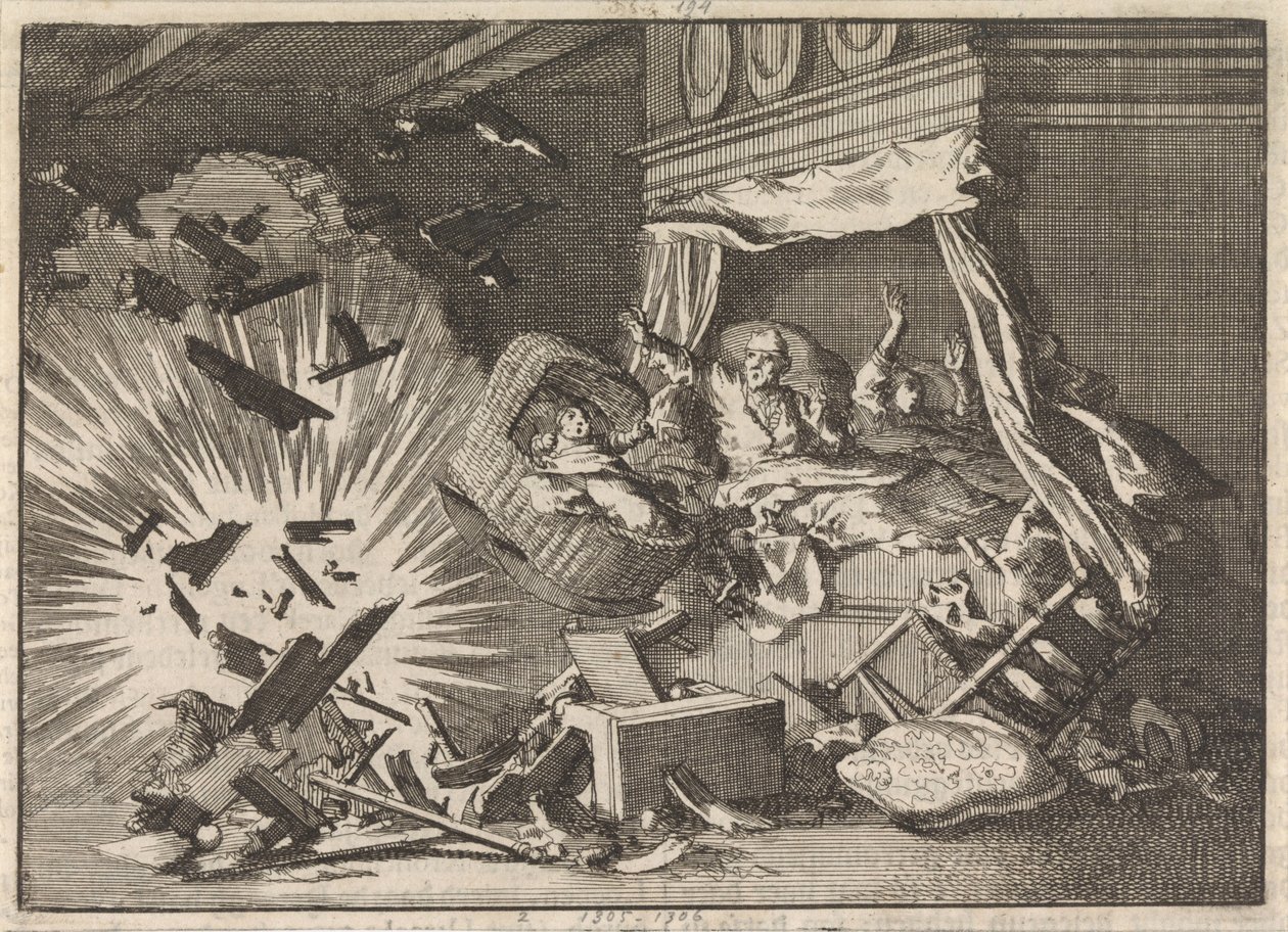 Bomba robbanása egy házban az Ebbingestraatban, Groningenben, 1672 alkotó: Jan Luyken