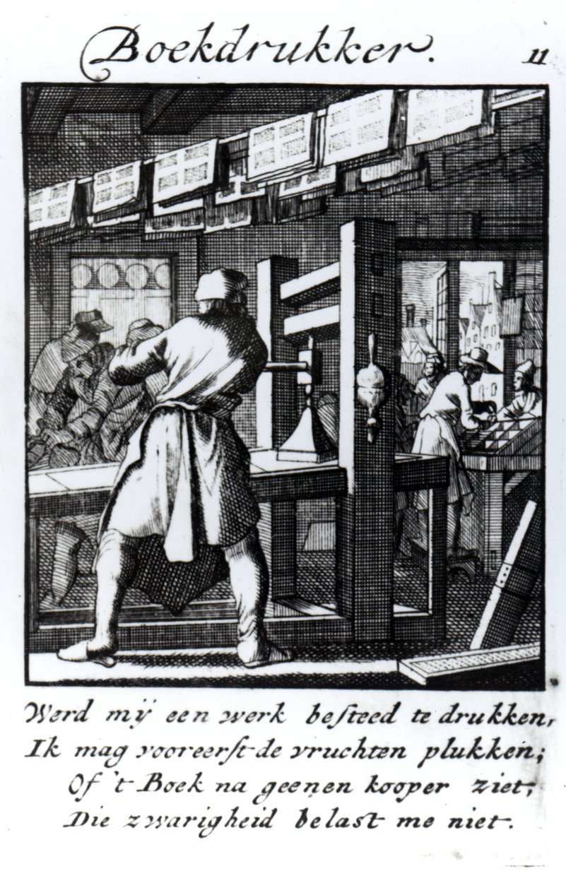 A könyvnyomtató, Abraham van St. Clara "Iets voor Allen" című szakkönyvéből, 1736 (metszet). alkotó: Jan Luyken