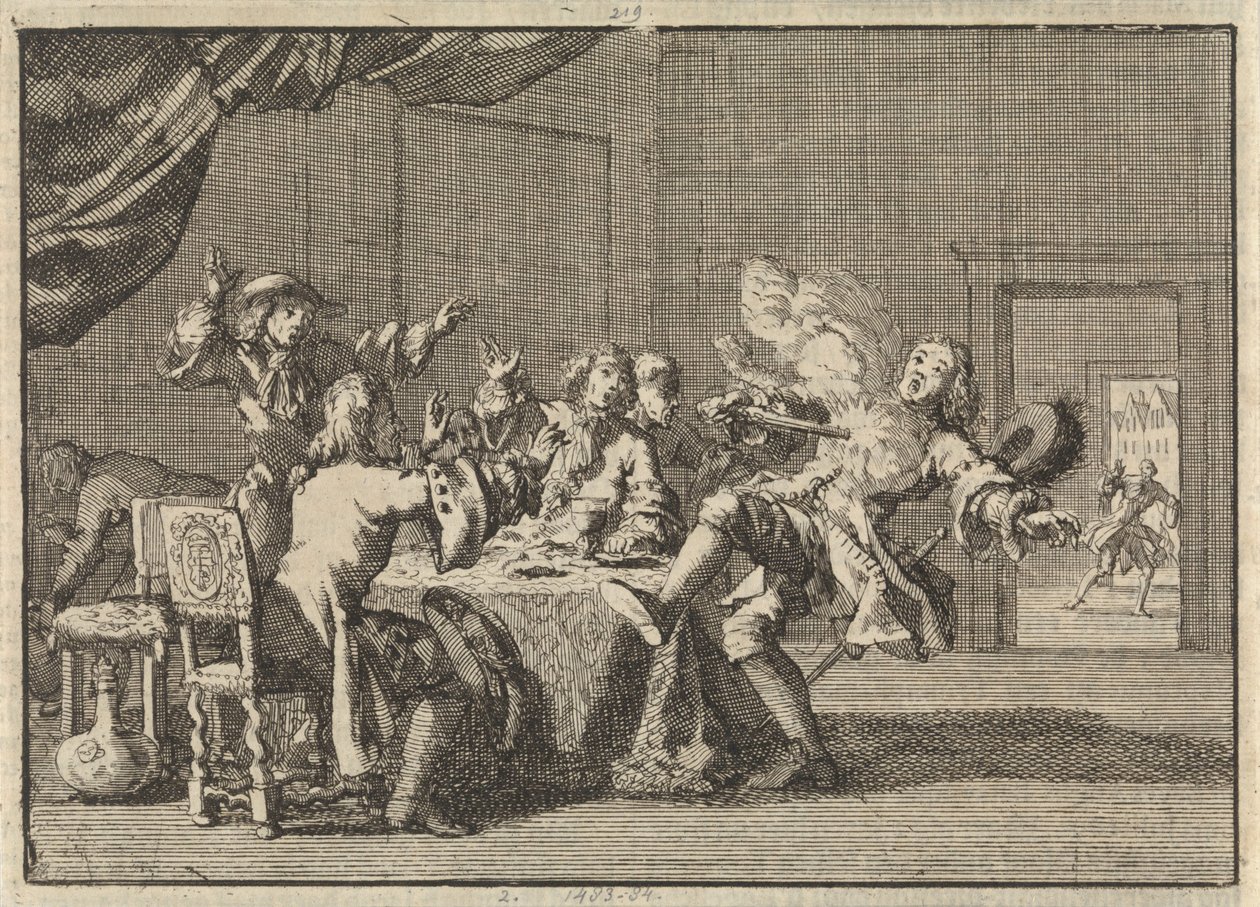 Thomas Tullockot, II. Jakab király támogatóját Skóciában meghalt fegyvere váratlan kilövése, 1690 alkotó: Jan Luyken