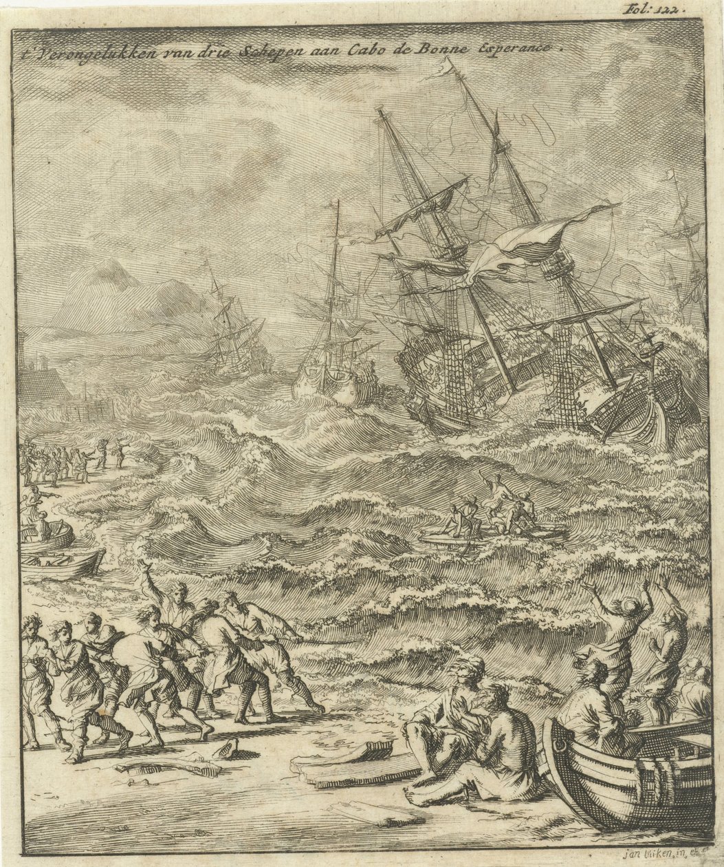 Hajótörés a Jóreménység fokánál, 1693 Három hajó összeomlása Cabo de Bonne Esperance-ben (cím a tárgyon) alkotó: Jan Luyken