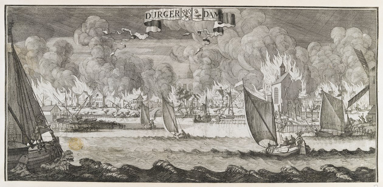 Durgerdam falu kilátása Amszterdam közelében, az 1687-es tűzvész idején (metszet) alkotó: Jan Luyken
