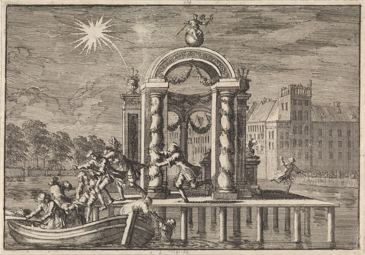 Pirotechnikusok menekülnek a hágai Vijverberg egyik nagy díszénél II. Jakab király fiának születése tiszteletére, 1688 alkotó: Jan Luyken