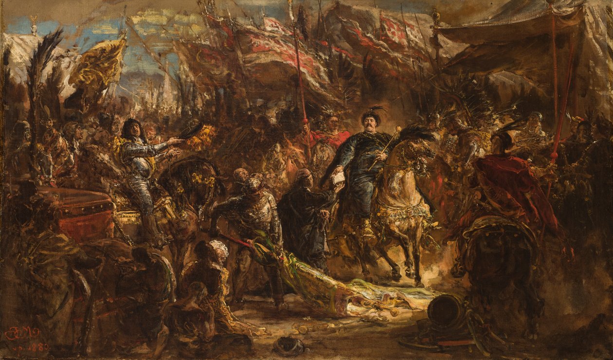 III. Sobieski János átadja Denhoff kanonoknak a pápához írt levelet az 1683-as bécsi törökök feletti győzelem hírével alkotó: Jan Matejko