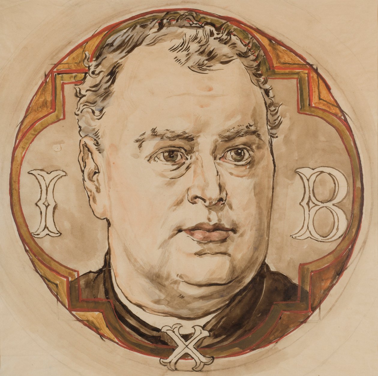 Karton a Mária-templom polikróm díszítéséhez - férfifej és „I, B, X” betűk (Jan Bukowski plébános) alkotó: Jan Matejko