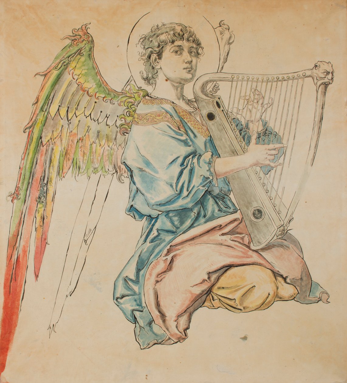 Kartonterv a Mária-templom polikróm díszítéséhez - Lantot játszó angyal alakja alkotó: Jan Matejko