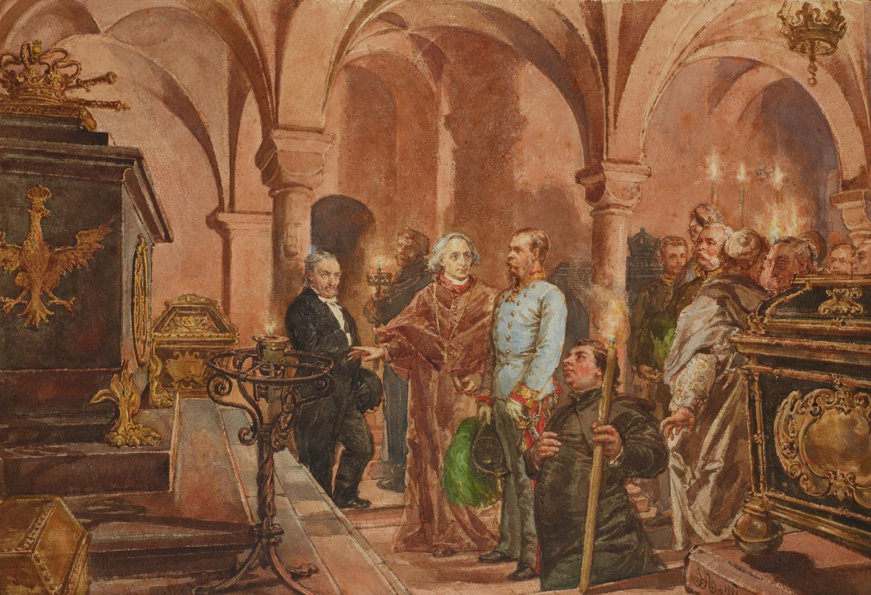 Lengyel: császár III. János Sobieski király szarkofágja előtt a Wawel-székesegyház Szent Leonárd kriptájában. alkotó: Jan Matejko