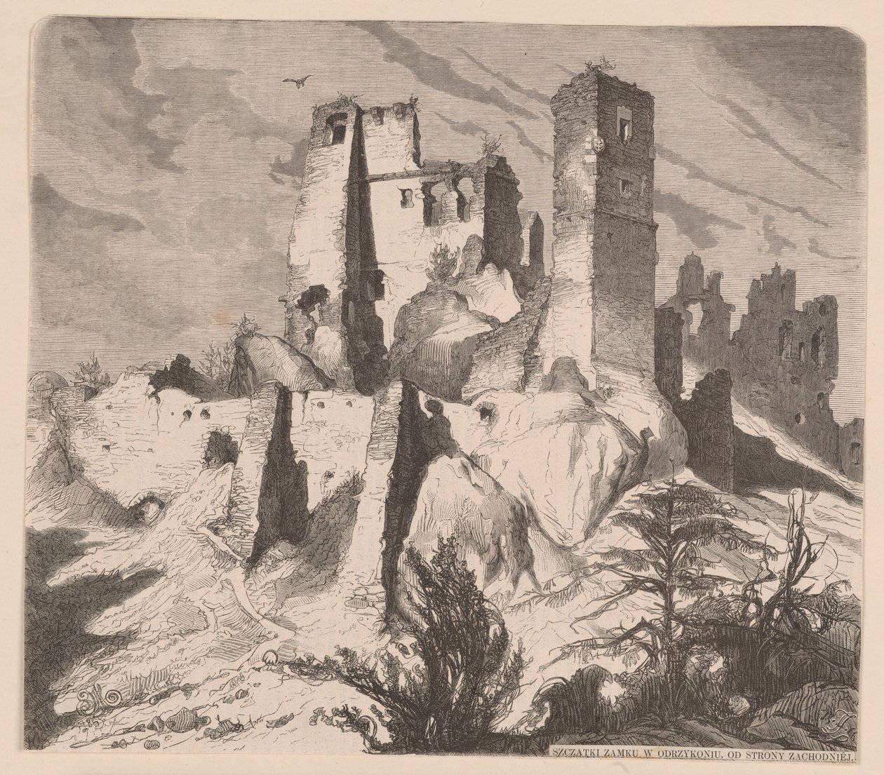 Az odrzykońi vár romjai, 1865 - Jan Matejko rajza nyomán készült fametszet alkotó: Jan Matejko