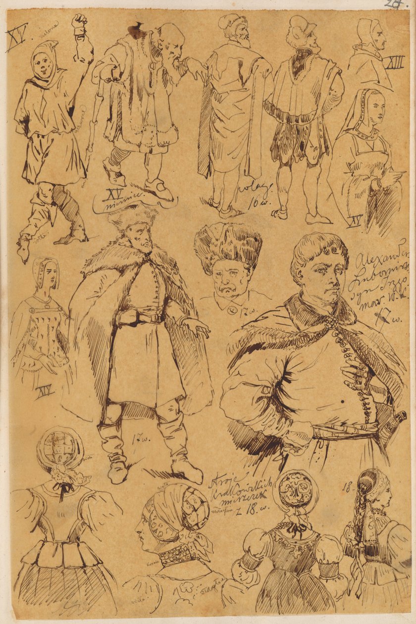 Skarbczyk. Vierzehn Personen: Männer und Frauen in Kostümen aus dem XIII., XV., XVI., XVII. und XVIII. Jahrhundert alkotó: Jan Matejko