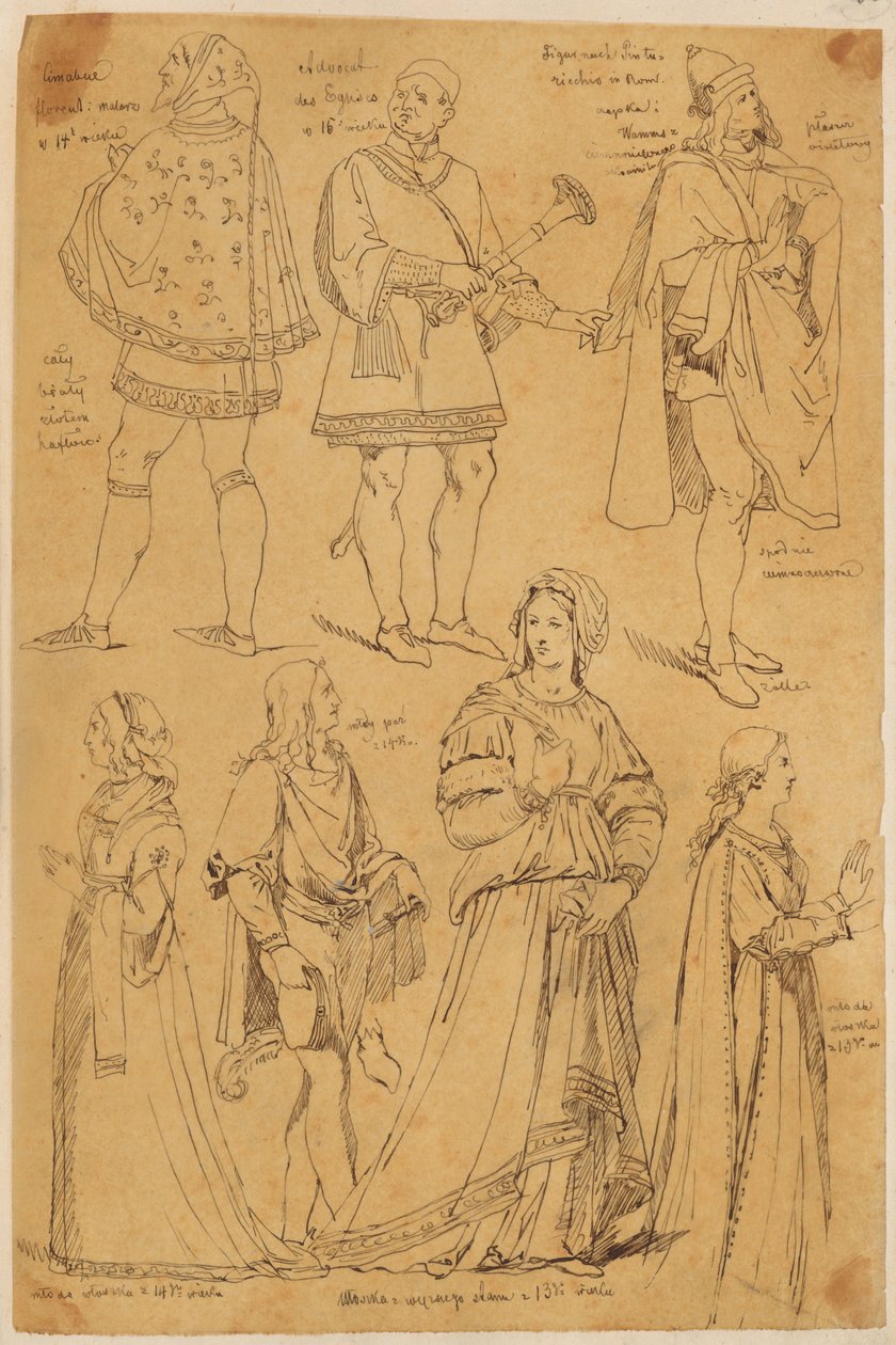 Skarbczyk. Sieben Männer und Frauen in italienischen Gewändern aus dem 13., 14. und 15. Jahrhundert alkotó: Jan Matejko