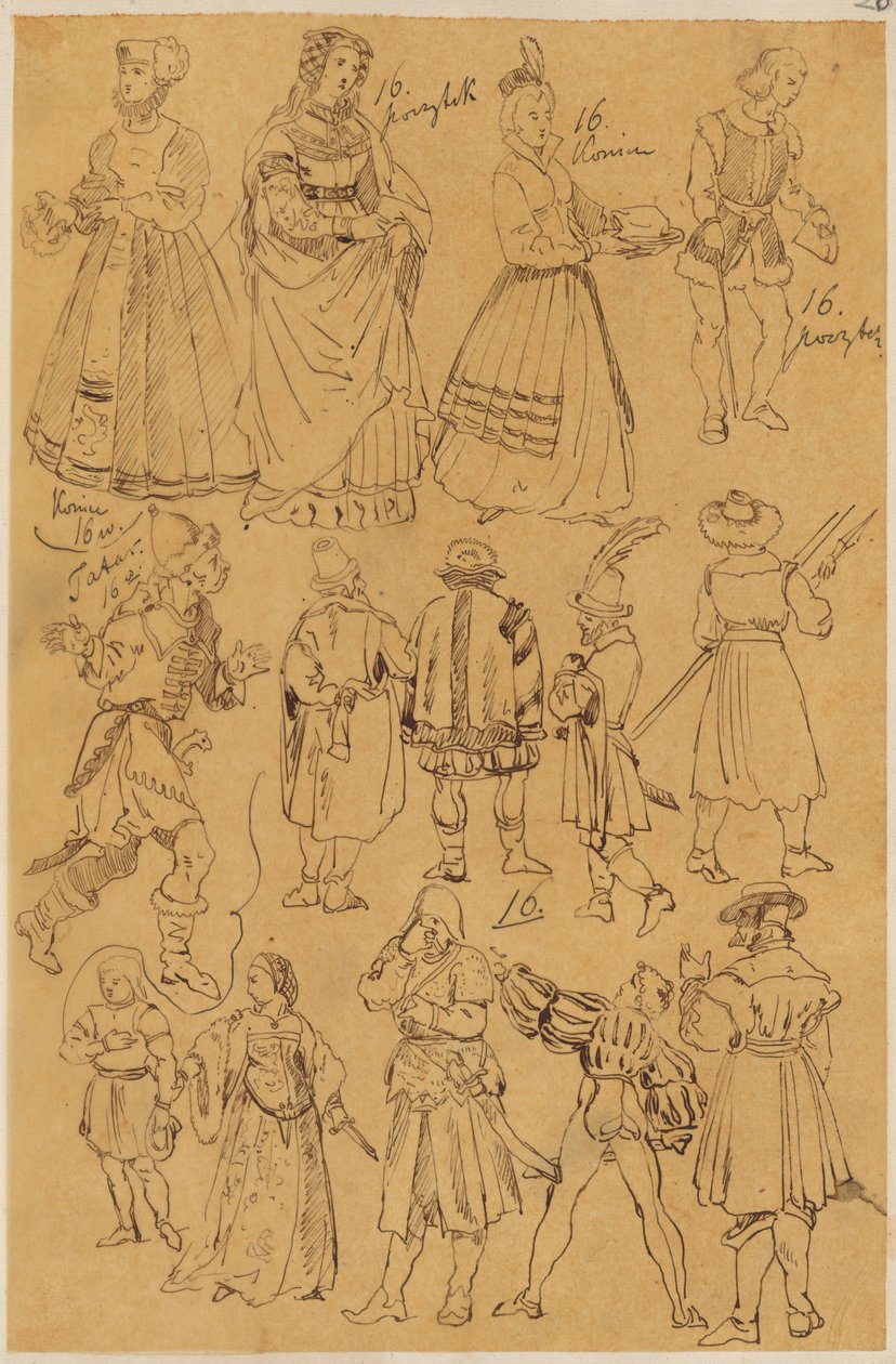 Skarbczyk. Verschiedene Personen in Kleidung aus dem 16. Jahrhundert (14 in voller Gestalt). alkotó: Jan Matejko