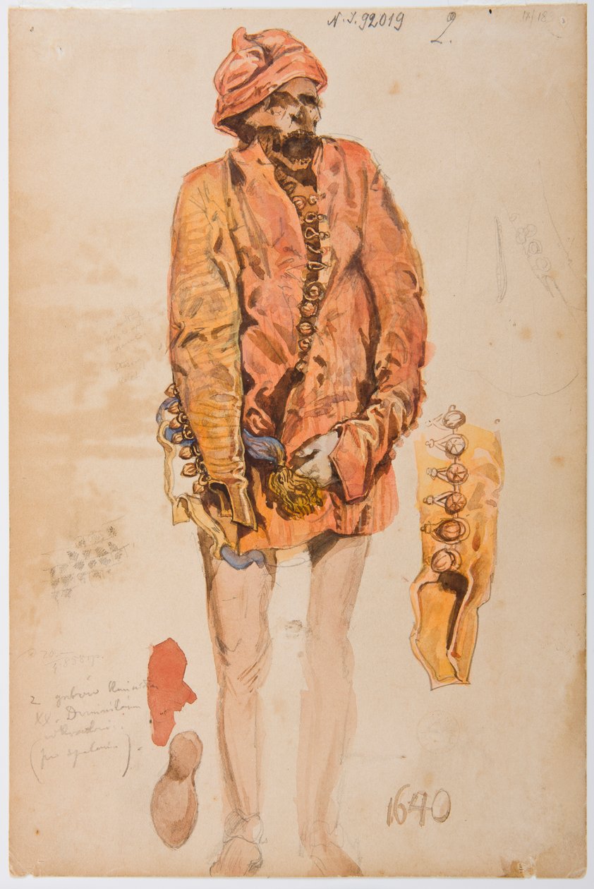 Kostümstudien aus dem 17. Jahrhundert - Leiche eines Mannes in rotem Żupan; Skizzen von Ärmel und Schuh alkotó: Jan Matejko