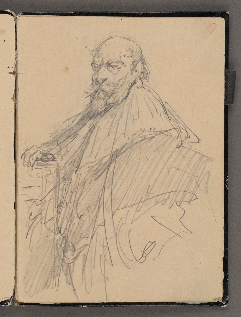 Jan Matejko 1861-1863-ból származó vázlatkönyve. Egyoldalas rajz. Előlap: történelmi jelmezbe öltözött férfialak vázlata. alkotó: Jan Matejko